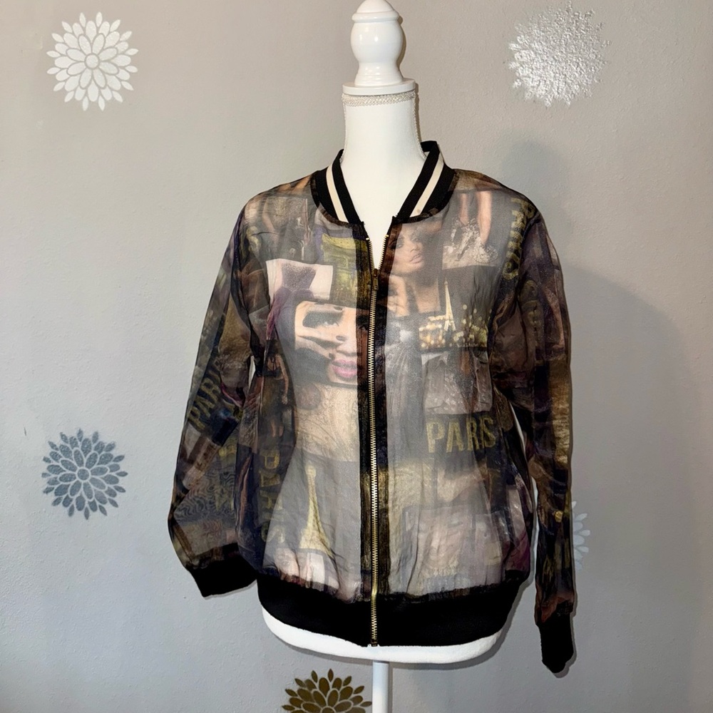 Sheer Paris Print Bomber Jacket Chic Y2K Fashionable Ladies XL Vintage